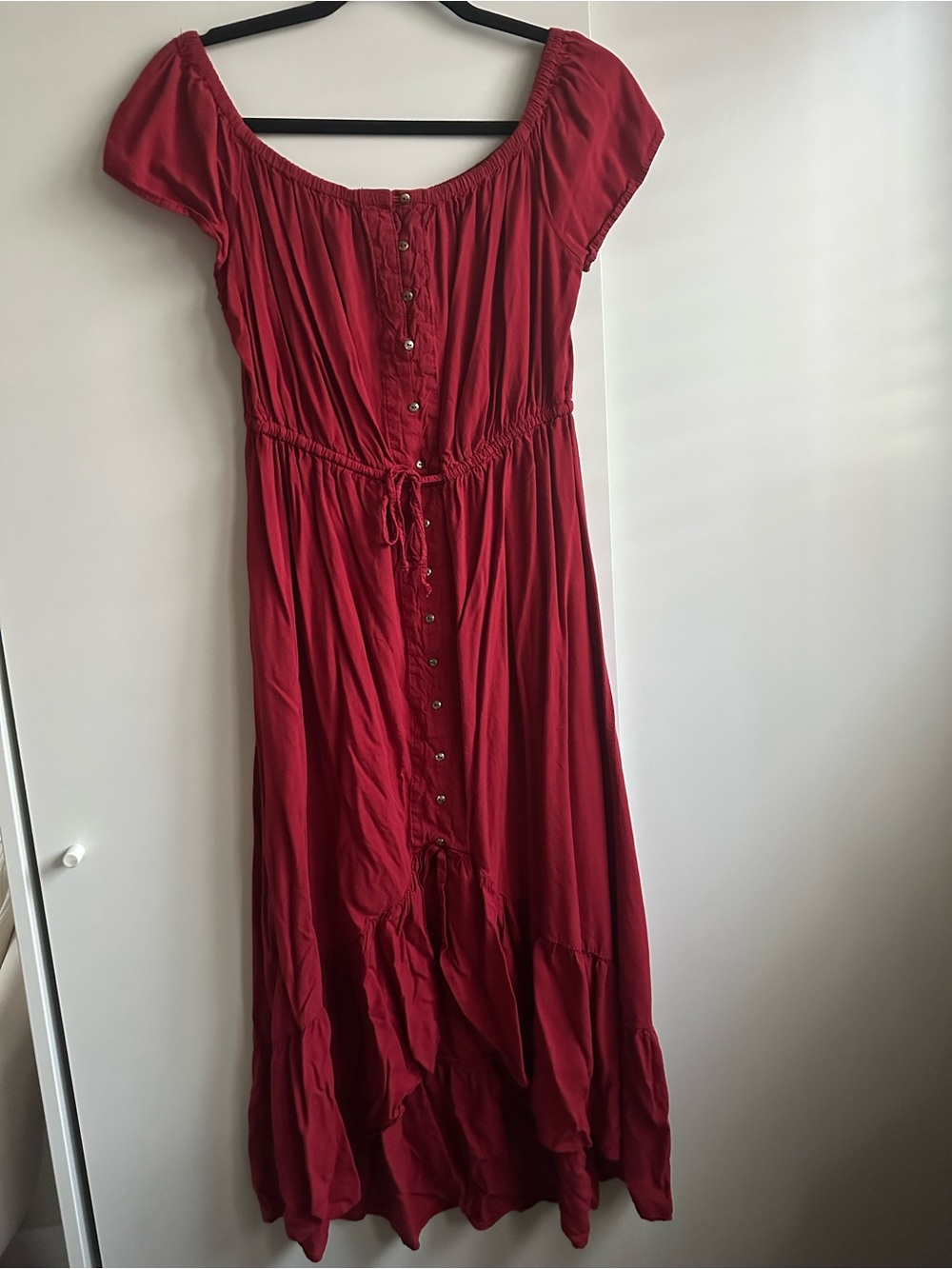 Cottage core Red Off-Shoulder Maxi Dress